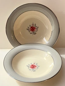 2 Flintridge China Miramar Rim Gray Platinum Rose Fruit Dessert Bowls - Picture 1 of 9