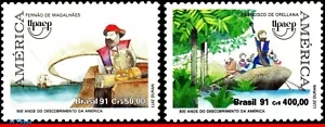 2333-34 BRASIL 1991 DESCUBRIMIENTO DE AMÉRICA, HISTORIA, UPAEP, BARCOS, MI# 2433-34 MNH - Imagen 1 de 2