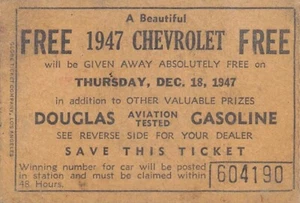 Billete de rifa Chevrolet 1947 gratis de colección Douglas gasolina Los Ángeles - Imagen 1 de 2