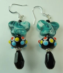 Black Crystal Briolette Butterfly  Lampwork Earrings Handmade Jewelry - Foto 1 di 1