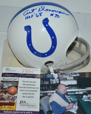 ART DONOVAN AUTOGRAPHED 2 BAR THROWBACK MINI HELMET BALTIMORE COLTS HOF 68 JSA - Image 1 of 4