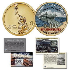 WWII D-DAY 80th Anniversary 2024 HIGGINS BOAT $1 Dollar Coin with Card *MUST SEE - Picture 1 of 3