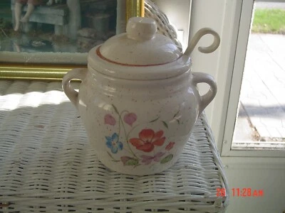 Vintage Treasure Craft Ceramic Sugar/Honey/Jelly Jar W/ Lid 5 " Tall Floral - Image 1 of 4