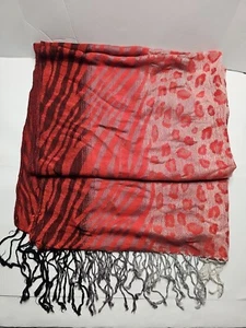 Red Animal Print Scarf Head Neck Wrap 27x72" With Fringes - Picture 1 of 8