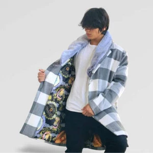 Men's Manzini Grey | White Plaid Faux Fur Casual Overcoat NWT - Picture 1 of 8