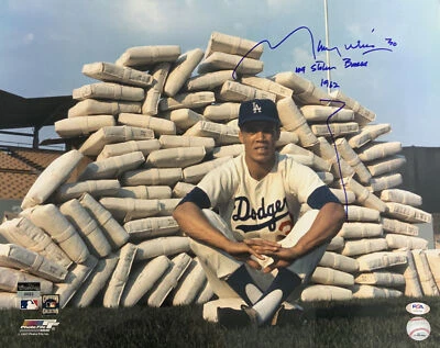 DODGERS 62 NL MVP MAURY WILLS SIGNED 16X20 PHOTO "104 STOLEN BASES 1962" PSA - Image 1 of 4
