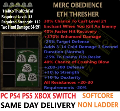 ✅PC PS4 PS5 XBOX SWITCH ✅ MERC OBEDIENCE ETH THRESHER DIABLO 2 RESURRECTED ITEMS - Image 1 of 2