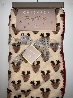 Chick PEA Holiday 粉色 棕色 REINDEER HEADS 婴儿柔软 SHERPA BLANKET 30"x40" 全新带标签 — 第 1/4 张图片