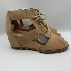 Sorel Sandal Women's Sz 10 Brown Joanie Lace Wedge Peep Toe Leather NL2453-200 - Picture 1 of 7
