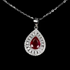 925 Sterling Silver Necklace Pear Ruby 8x6mm Natural Gemstone Jewelry 18 Inches - Picture 1 of 13
