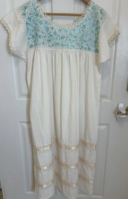 Vintage Inspired Boho Embroidered Peasant Dress Cream Blue Floral Cotton Midi - Image 1 of 4