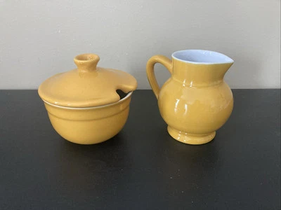 Emile Henry Sugar Bowl W/ Lid & Creamer Mustard Yellow France Modele Depos - Image 1 of 4