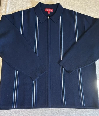 Supreme Stripe Zip Up Polo Sweater Navy XL - Image 1 of 4