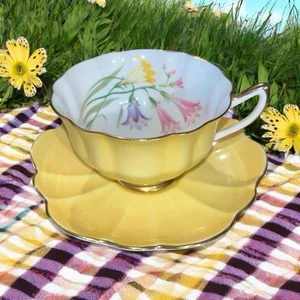 Shelley England Atholl Shape FREESIA Tea Cup Saucer Bright Yellow Pattern 0582 - Picture 1 of 9