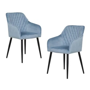 2x Dining Chairs with Armrest Armchair Velvet Padded Seat Living Room Metal Blue - Picture 1 of 7