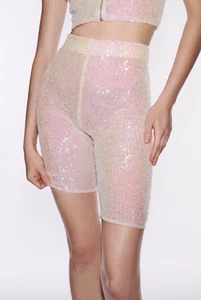 Zara Pale Pink Iridescent Sequinned Sequin Shorts Size M Party Festival Clubbin - Picture 1 of 7