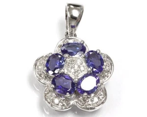 1.4 ctw Natural Blue Violet Tanzanite & Diamond 14k White Gold Flower Pendant - Picture 1 of 7