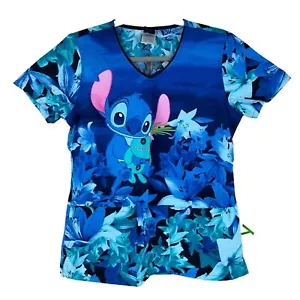 Disney Stitch Scrub Top Womens XS Blue Pink V-Neck Short Sleeve Front Pockets - Picture 1 of 7