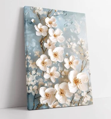 WHITE FLOWERS PAINTED ON BLUE BACKGROUND -FRAMED CANVAS WALL ART PICTURE PRINT - Image 1 of 2