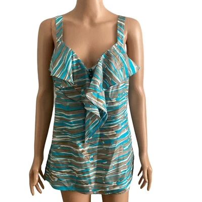 Banana Republic Strappy Blouse Womens 10P 100% Silk Ruffles Green Brown Abstract - Image 1 of 4