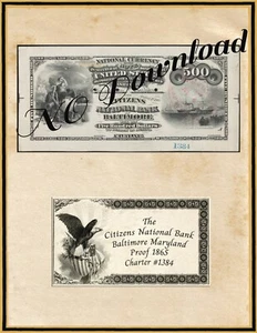 Photoshop  1865 Proof $500 Citizens National Bank Baltimore Maryland #1334 - Picture 1 of 1