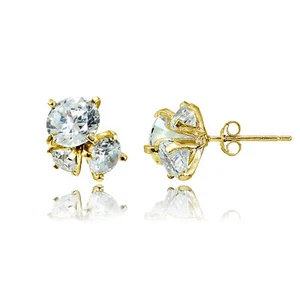 Gold Tone over Silver Cubic Zirconia Round Cluster Three Stone Stud Earrings - Picture 1 of 4