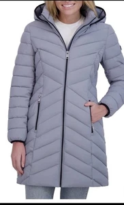 Neu mit Etikett DKNY lange gefütterte Damenjacke/Mantel mit Kapuze grau Small - Bild 1 von 3