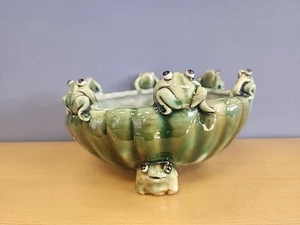 Vintage Majolika Stil Frosch Keramik Keramik Übertopf Schale grün mit Froschfüßen! - Bild 1 von 14