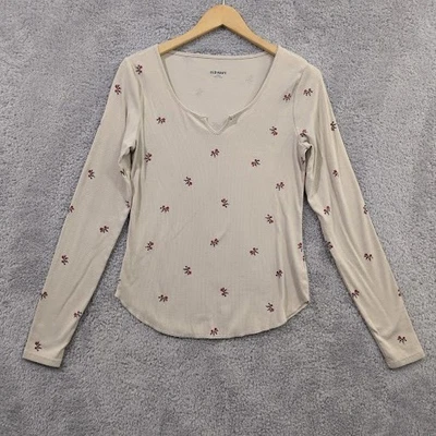 Antigua Camiseta Azul Marino Ajustada Manga Larga Tejida Acanalada Avena/Crema Grande Alta Floral Foto 1 de 4