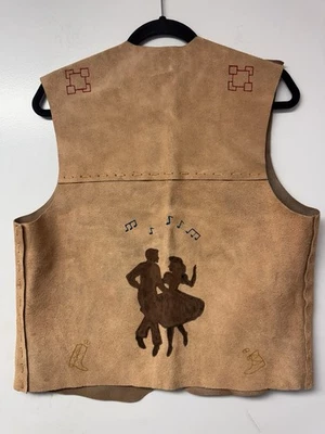 Vintage Handmade Suede Leather Western Square Dance Vest Tan 70s Unisex Folk Art - Image 1 of 4