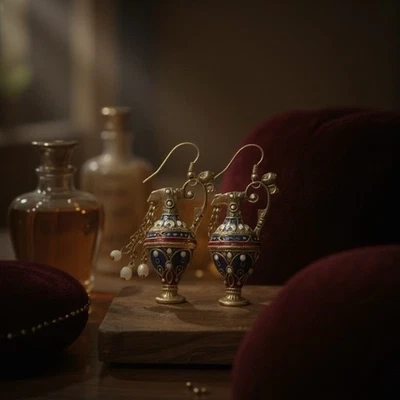 Museum Earrings Vase Pitcher Art Enamel Multi Gem Vtg Style Pearl Gold Retro - Image 1 of 4