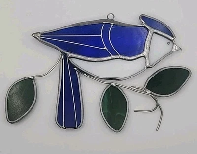 Vintage Handmade  Bird Blue Jay Stained Glass Suncatcher Hanging Decor  - Изображение 1 из 2