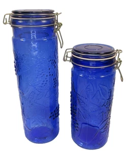 Elements Cobalt Blue 2 Locking Lid Glass Canisters Jars 10" & 13" Multi Fruits - Picture 1 of 19