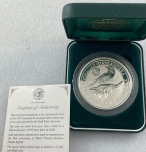 1995 KOOKABURRA 2oz Silver $2 Perth Mint Coin '40-Hour Famine Appeal' Privy Mark - Picture 1 of 4