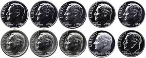 1960-1969 S 90 % plata monedas Roosevelt a prueba de gemas y SMS ejecutan 10 monedas EE. UU. como nuevas - Imagen 1 de 1