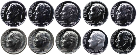 1960-1969 S 90% Silver Roosevelt Dimes Gem Proof & SMS Run 10 Coins US Mint Cover