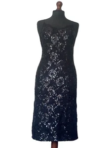 Black Sequin Lace Midi Dress, Size S (Bust 36") Strappy Side Slits Formal Party - Picture 1 of 13