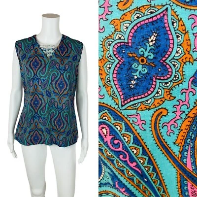 Blusa sem mangas vintage anos 60 estampa paisley gola azul babado Mod B 39" - Imagem 1 de 4