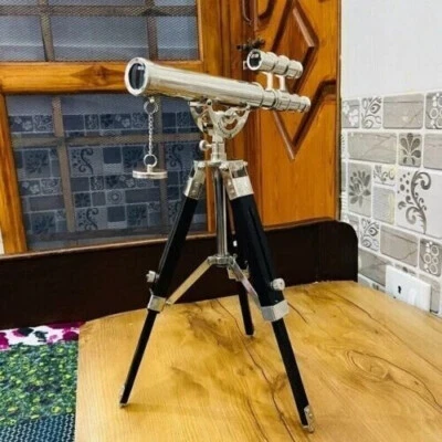 Brass Double Barrel Mini telescope With Wooden Tripod Stand Vintage Navy Ship - Image 1 of 4