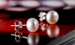 Ohrringe Ohrstecker 925er Sterling Silber Süßwasser Perle AAA 8 mm Rhodiniert - Picture 1 of 3