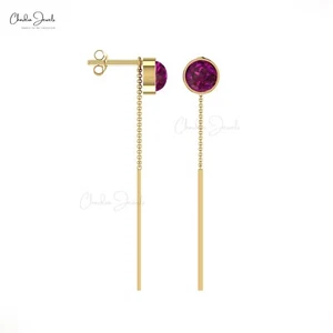 0.70 Ct Bezel Set Rhodolite Garnet Threader Chain Earrings Gift In 14k Fine Gold - Picture 1 of 22