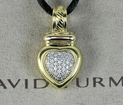 $4500 David Yurman Oro Rosa Amarillo 18K Pavé Diamante Corazón Colgante Cordón Potenciador Foto 1 de 4