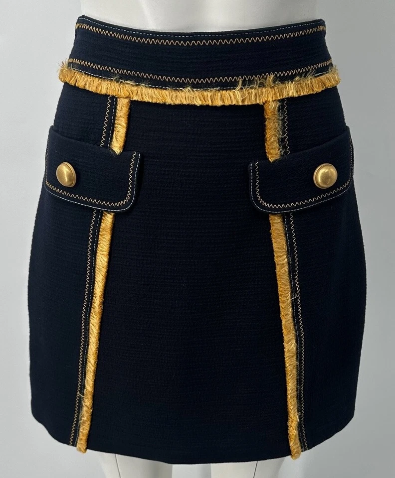 Peter Pilotto navy blue gold fringe pocket mini skirt size 8 - Image 1 of 4