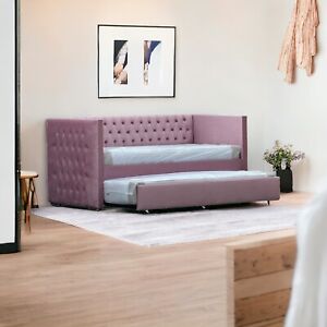 Natural Wood Plush Velvet Upholstered Guest Room Single Trundle Sofa Bed Daybed