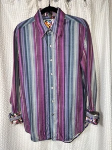 Robert Graham Tailored Fit L Striped Button Front Shirt Multicolor Floral Cuffs - Picture 1 of 5