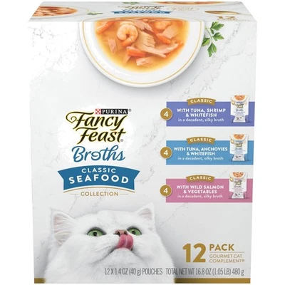 Colección Clásica Caldos para Gatos Lamibles - 12 Bolsas Variedad de Delicias de Mariscos Foto 1 de 4