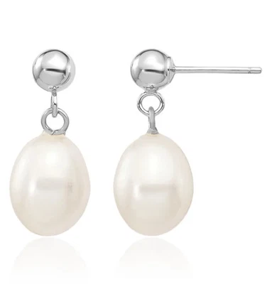 14K Solid White Gold 7mm Rice Freshwater Cultured Pearl Dangle Earrings - Image 1 of 4