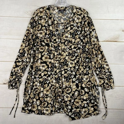 Top túnica COCOMO 3X negro marrón boho floral con botones manga acanalada bolsillo Foto 1 de 4