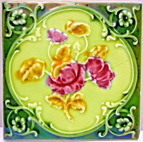 Antique Tile Majolica Art Nouveau England Rose Purple Architecture Floral #118 Cover