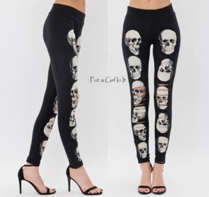 New VOCAL Womens BLACK LASER CUT SLASHED SKULL PANTS GOTH LEGGINGS S M L XL USA - Picture 1 of 8